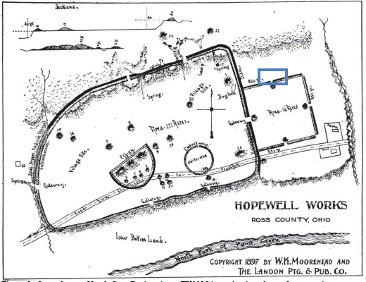 An aerial map of Hopewell Mound Group showing dig area in blue box
