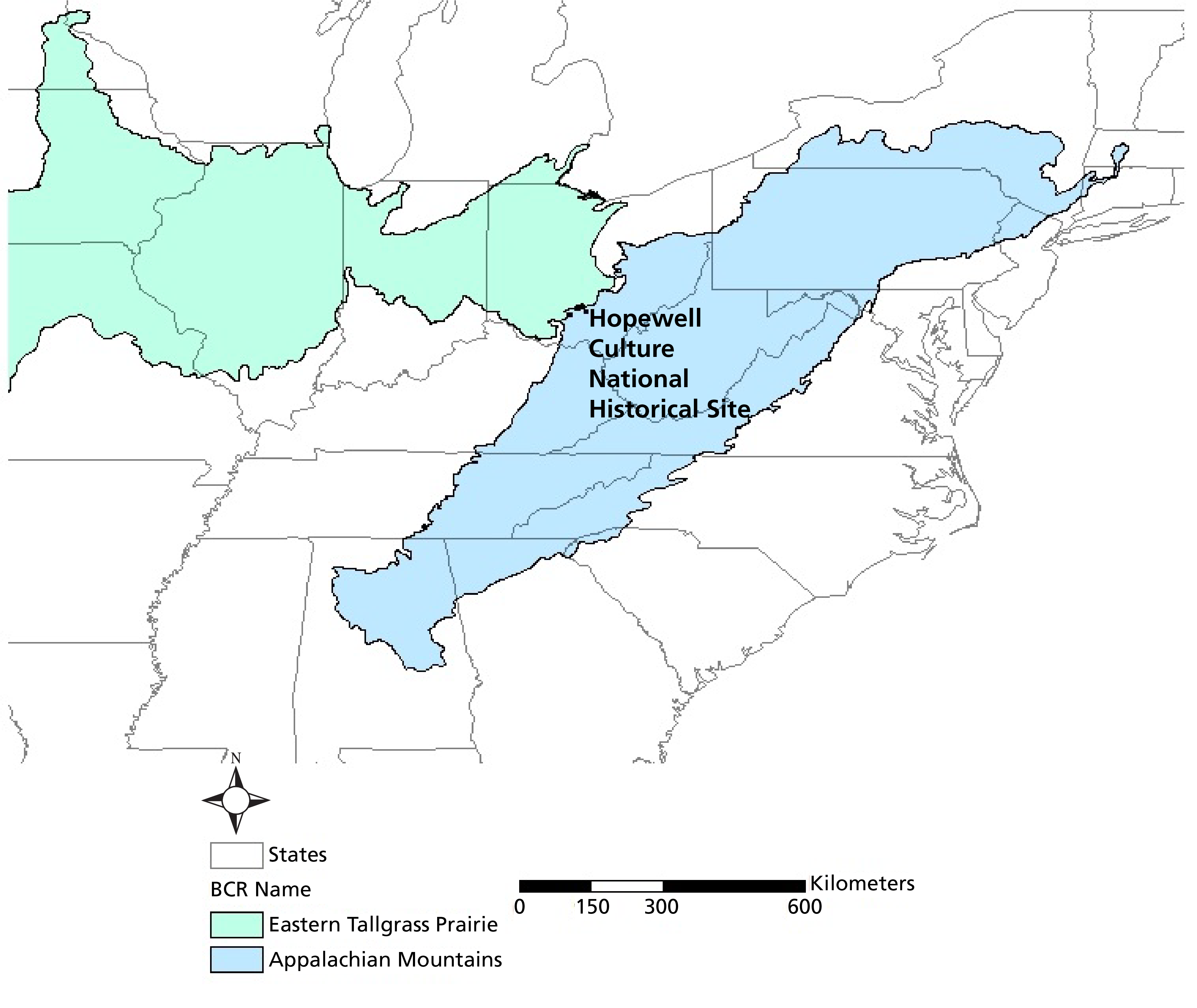 A map of the Eastern Tallgrass Prairie Bird Conservation Area in the midwestern U.S. and the Appalacian Mountains Bird Conservation Region in the eastern U.S.
