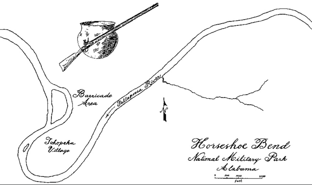 Map depicting the Tohopeka Village, Barricade Area, and Tallapoosa River