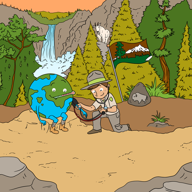 A cartoon of a ranger checking the vitals of the Earth, much like a doctor. They sit surrounded by coniferous trees in a park with a waterfall coming down a cliff and a mountain goat in the background.