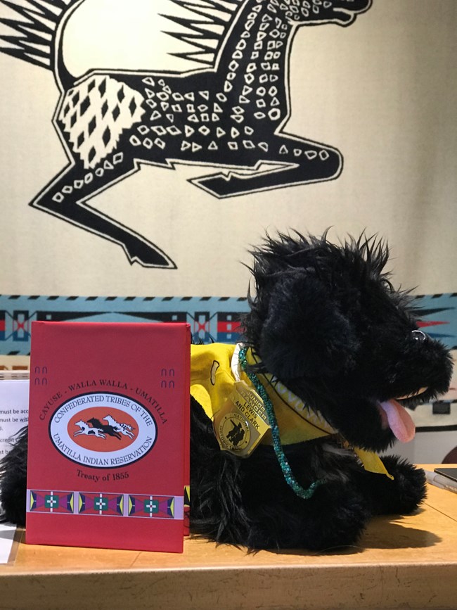 stuffed pup trying on a necklace