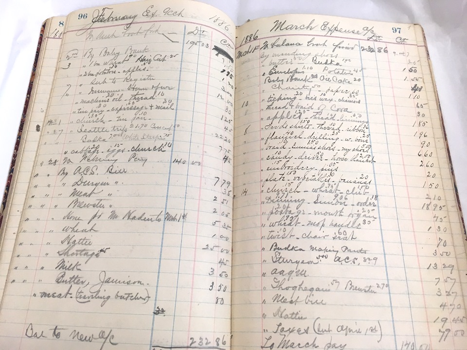 Photo of two pages in the ledger. One page is titled "February 1886," the other page is titled "March 1886."