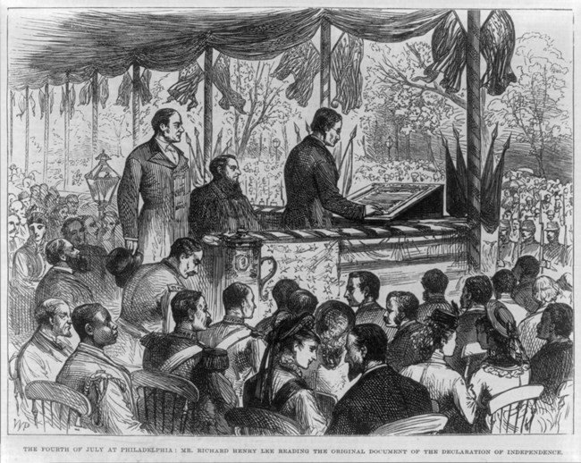 An illustration is of Richard Henry Lee (grandson) reading the actual engrossed copy of the Declaration of Independence on 4 July 1876 just before Susan B. Anthony and others stormed the stage with their Women's Declaration.