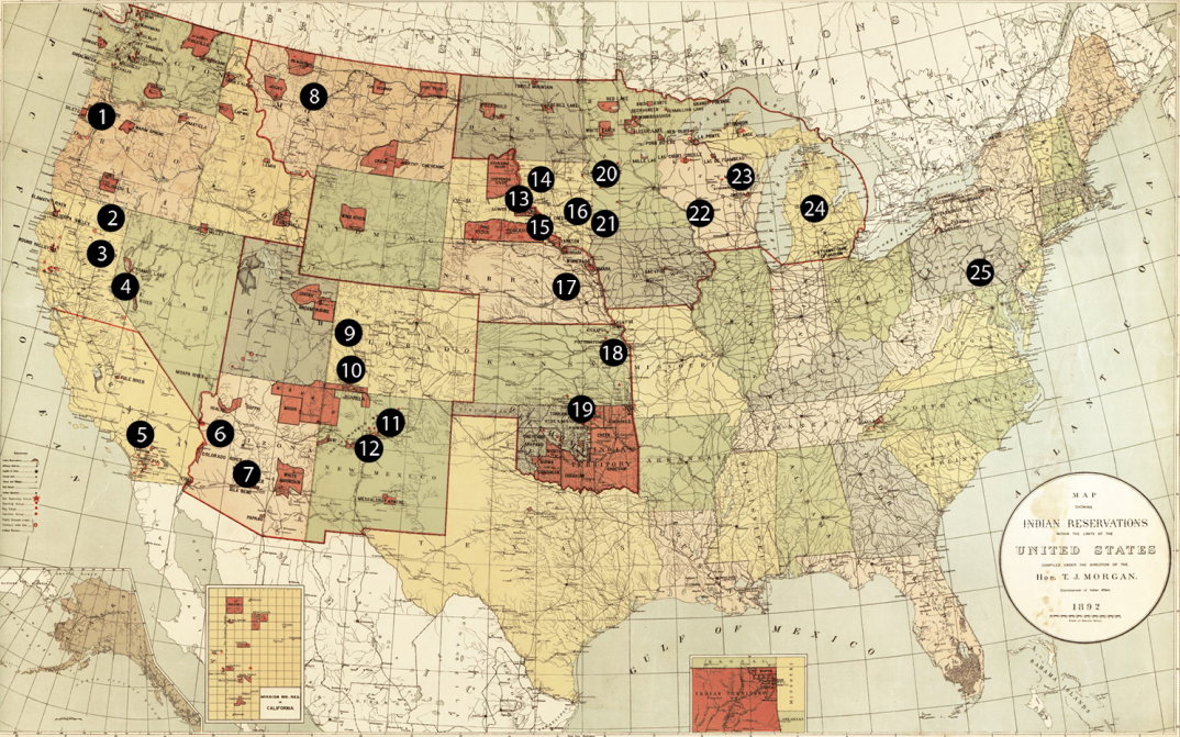 Map with reservations and American Indian boarding schools marked