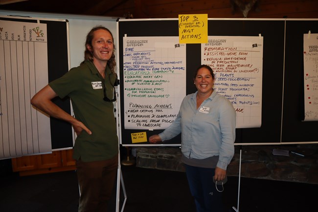 Two people smile in front of multiple hanging poster sheets filled with ideas in different pen colors from a brainstorming session.