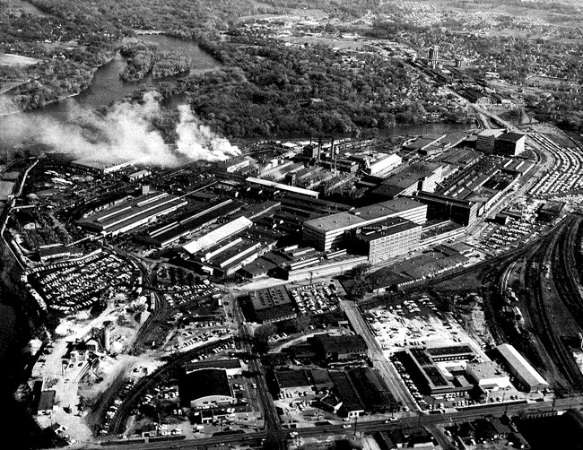 black and white photograph of an aerial view of a factory