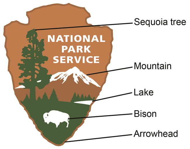 National Park Service Arrowhead with Sequoia tree, mountain, lake, bison, and arrowhead labeled
