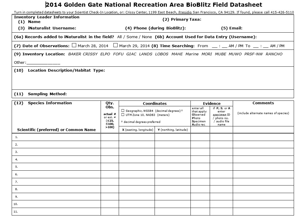 An image of a datasheet used in a bioblitz
