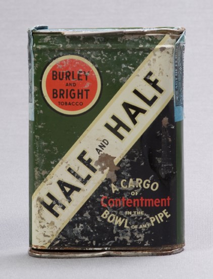Image of green colored tobacco can reading "Half and Half"