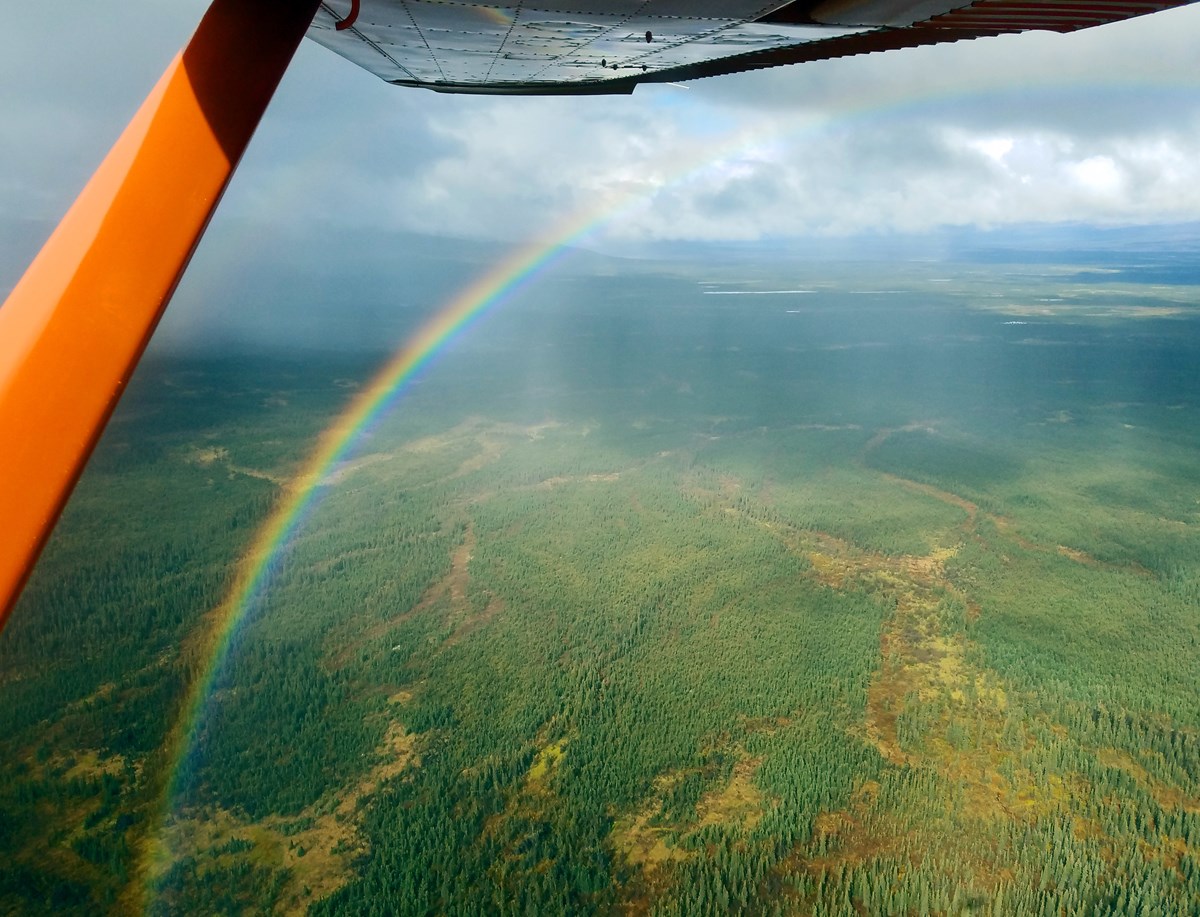An aerial image of a rainbow arching across a forested area