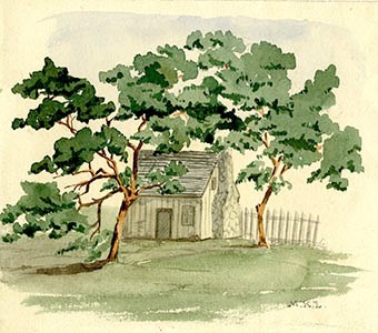 Watercolor of one-story building behind two trees