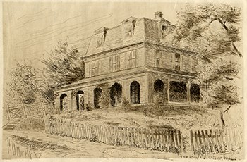 Print of a three-story house with covered porch on two sides