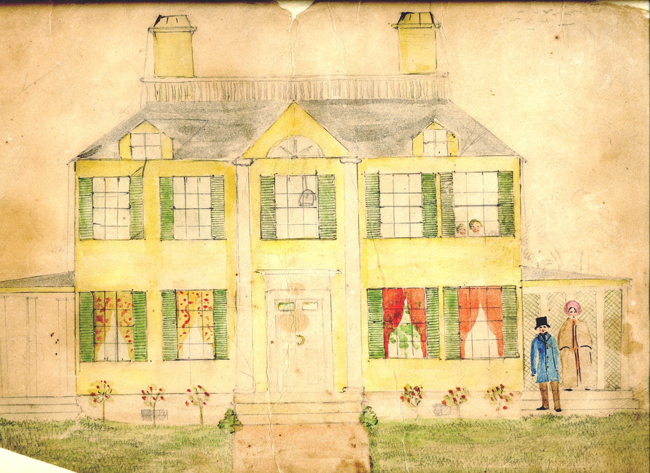 A childrens watercolor drawing of the Longfellow home. The large yellow house features 2 chimneys, green shutters, and front door panels. Three children look out from a second story window, and 2 adults stand outside the front of the house