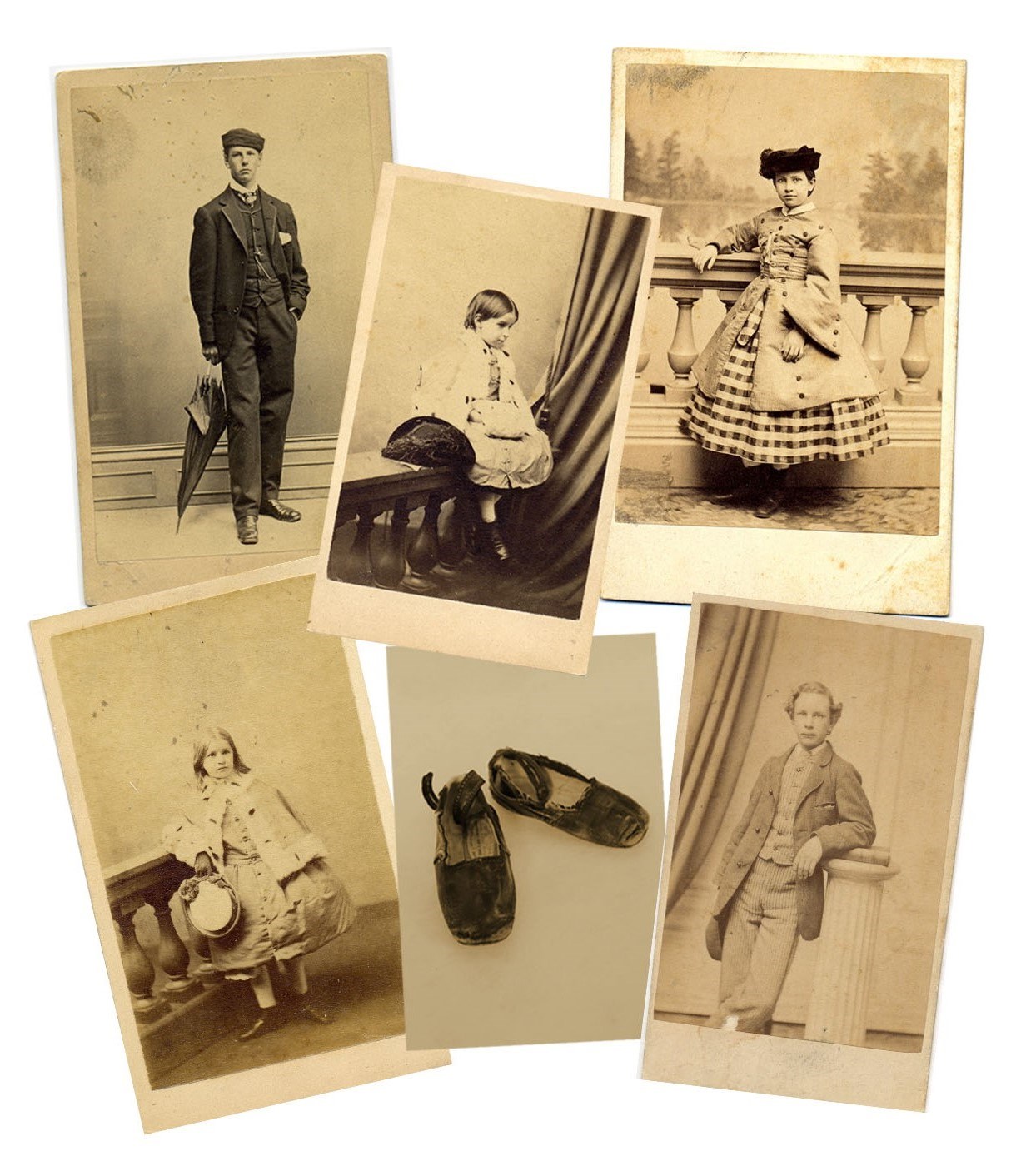 A grouping of six photographic portraits depicting Henry Longfellow's six children. The images are sepia toned.