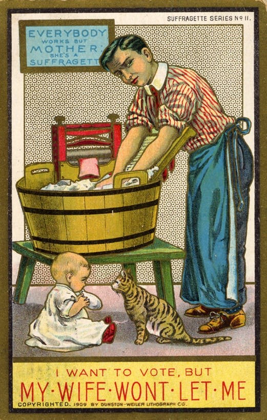 Anti-women’s suffrage postcard depicting a man taking over the domestic duties including washing laundry and taking care of a baby. Courtesy of the Curt Teich Postcard Archives Digital Collection (Newberry Library, from the Brian L. Bossier Collection, BB