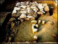 Photograph of chimney remains, consisting of stones laid in a rough rectangle shape, from the 1840s Robinson structure