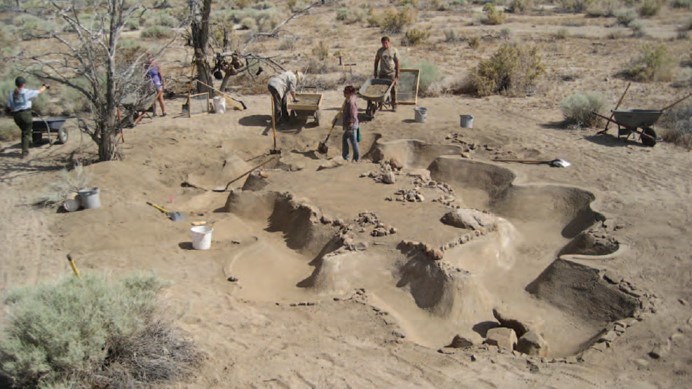 Overhead view of archeological excavation