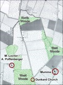 Mary Locher / Alfred Poffenberger farmstead highlighted in red on the western edge of the West Woods.