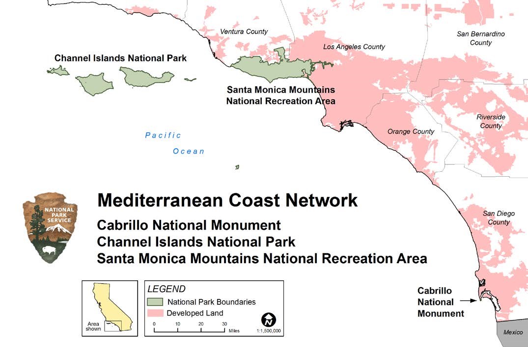 Map highlighting the locations of coastal southern CA national parks in relation to surrounding developed land.