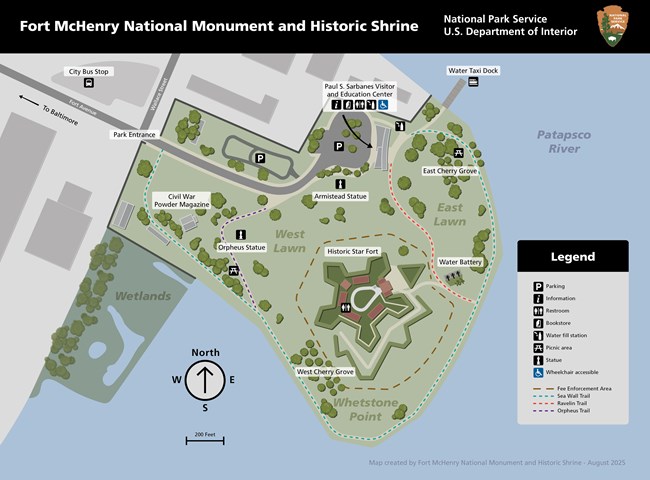 Overview map of the grounds of Fort McHenry with structures, areas, and trail identified.
