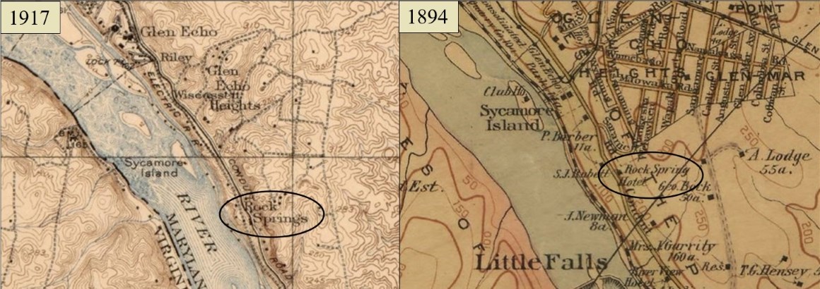 Section of 1894 map showing the location of the Rock Spring Hotel as well as the nearby Potomac River and Glen Echo Heights area.