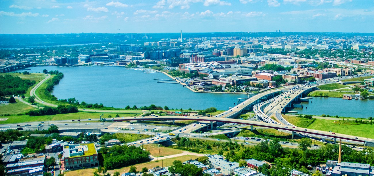 Aerial view of the Anacostia river and surrounding lands.