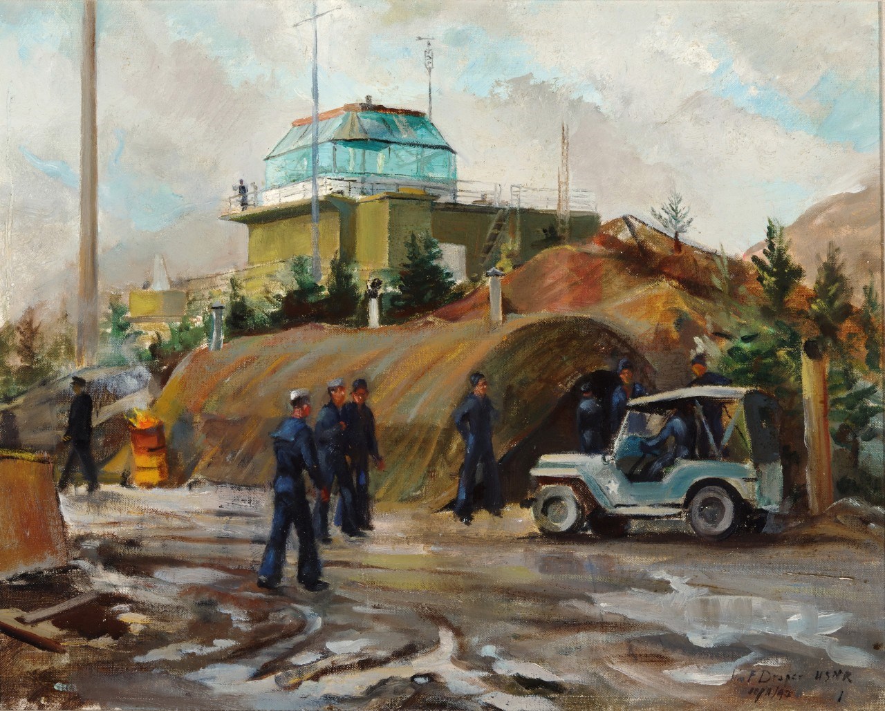 Colorful oil painting of glass control tower on a hill, with people and jeep below.