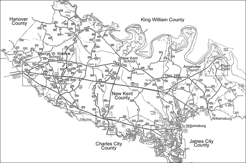 Map of New Kent County showing that Plum Point and the community surrounding Angelview Church are closer to New Kent School than to George W. Watkins School