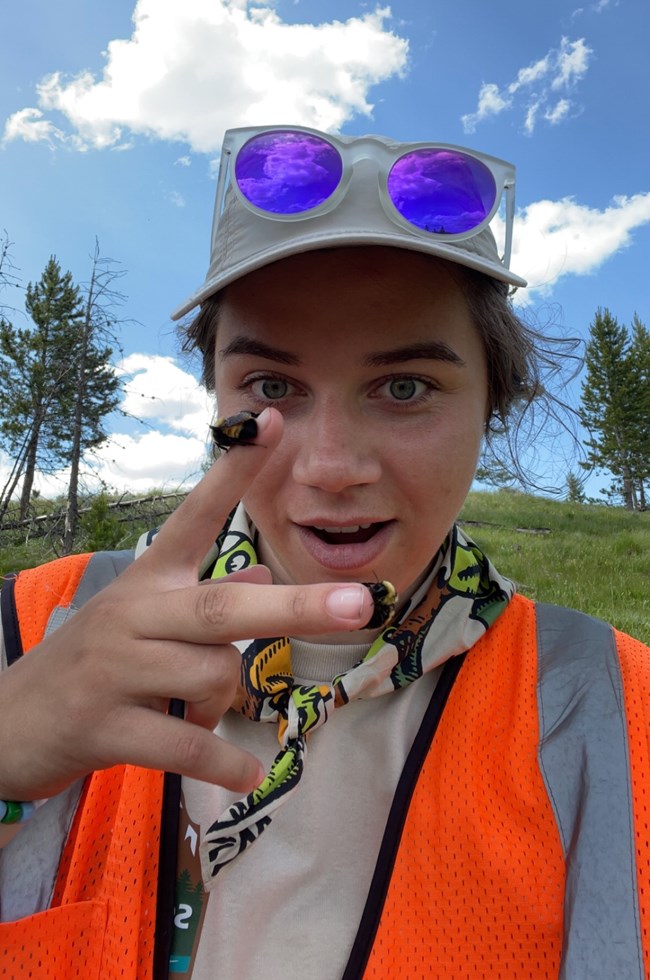 A person posing with two bumble bees on her fingers.