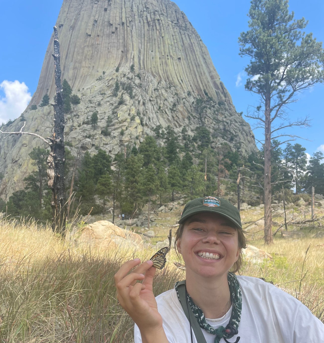 A person sitting down gently holding a monarch butterfly with a towering rock formation in the background.