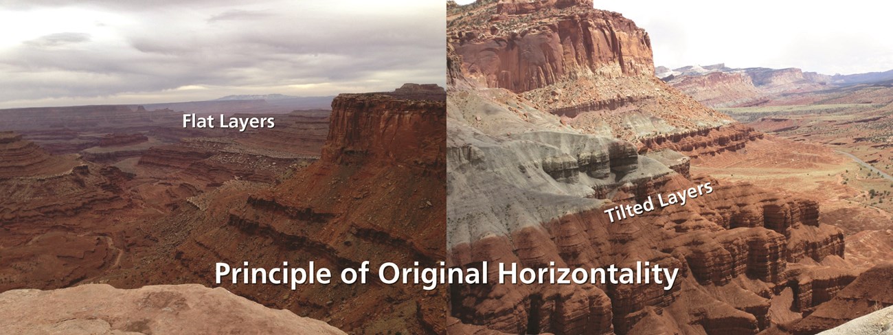 Two photos of mesas and canyons with layered rock.