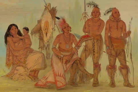 Painting of a group of Osage men, women, and children