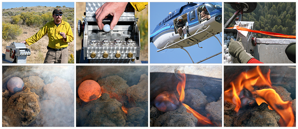 A series of eight photos show the operation of the plastic sphere dispenser. The sequence shows an operator on the ground loading a plastic ball, then showing the operation from the helicopter, then the ball falls to the ground where it ignites.