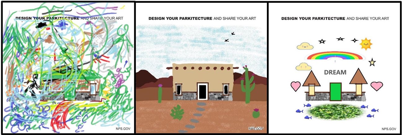 Three illustrations of artists' interpretations of parkitcture, including a house in the woods, a pueblo-inspired house, and a castle with text "Dream"