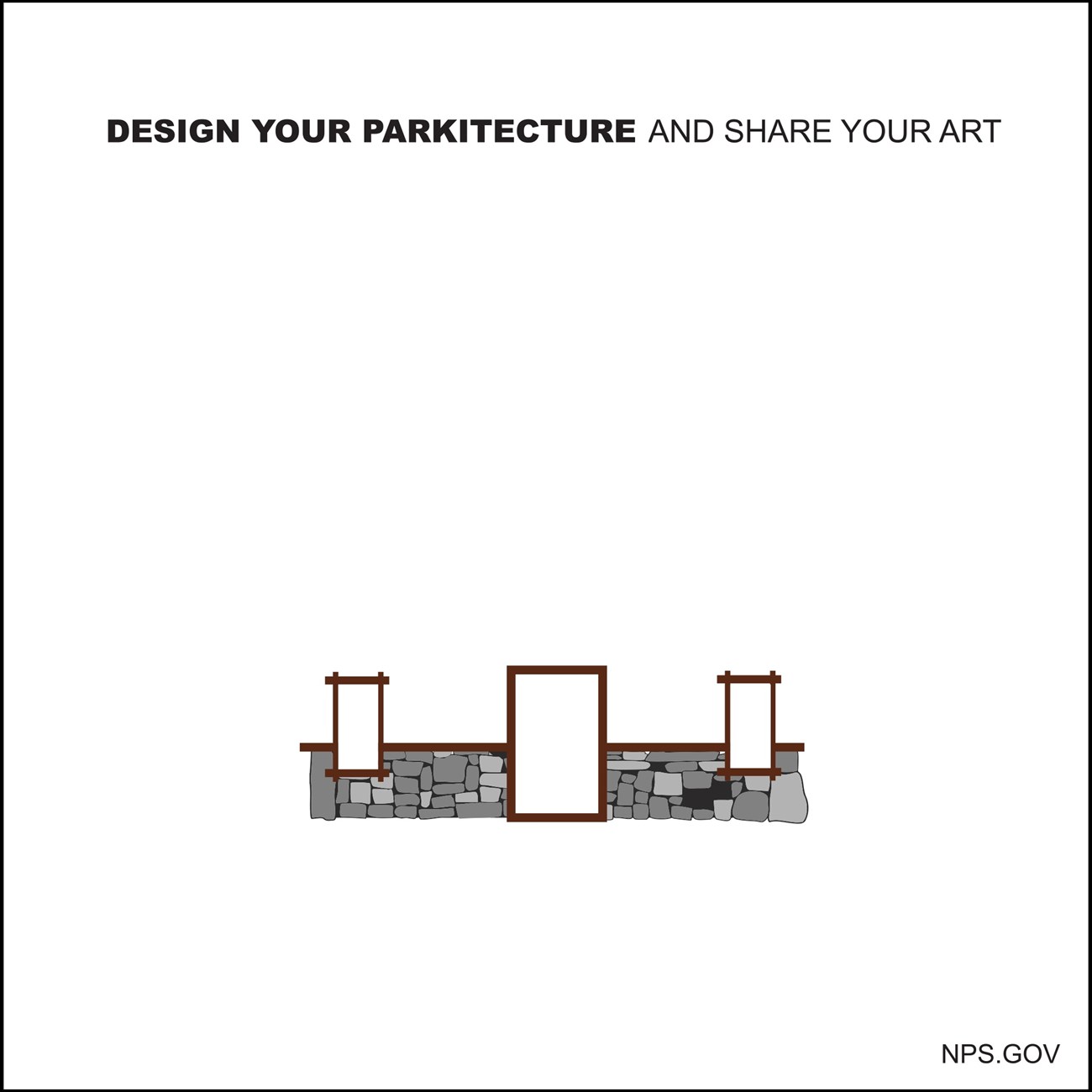 Art template with text "Design Your Parkitecture and Share Your Art" and stone wall with a door and two windows