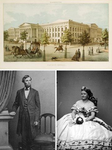 Collage of Abraham and Mary Todd Lincoln photographs and Patent Office. (National Portrait Gallery)