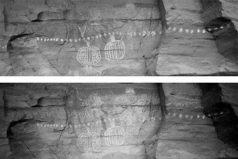 two images of a rock wall with a long row of white painted dots and two round painted figures. In one image, large human shapes are visible behind these white figures.
