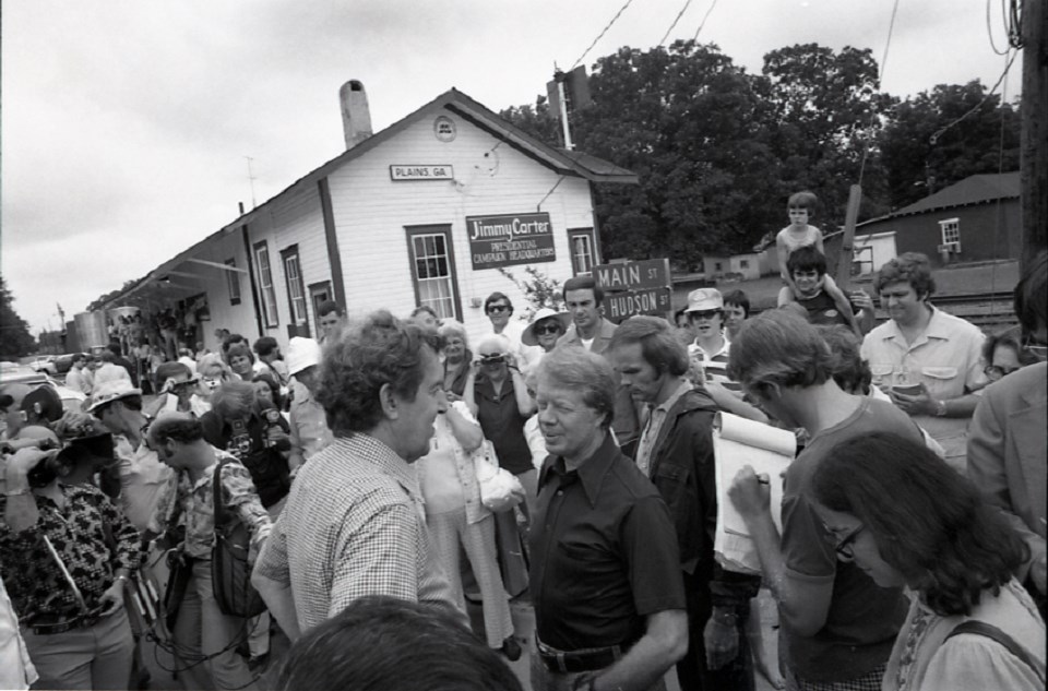 Historic photo of Jimmy Carter talking to a crowd in Plains, Georgia
