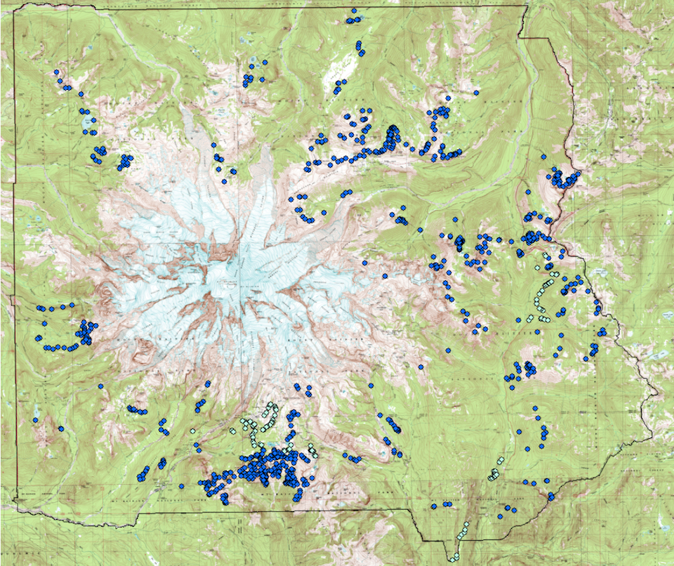 A map of Mount Rainier National Park with light and dark blue dots marking locations on the slopes around the mountain.