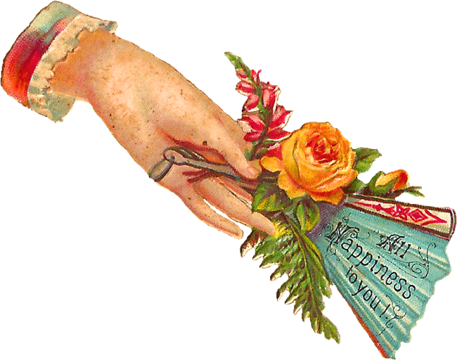 Drawing of woman's hand holding a bouquet with rose and fern an note that reads "All Happiness to You"