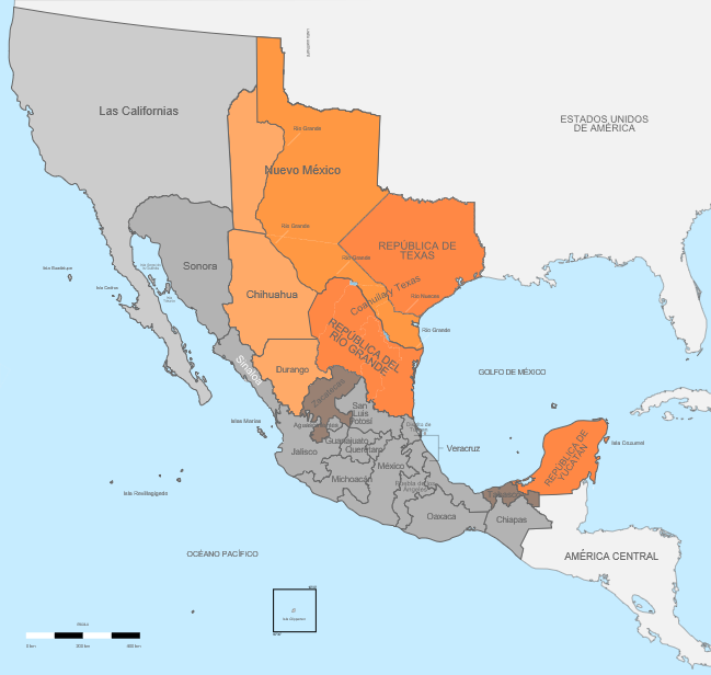 Color map showing the political divisions in Mexico from 1836 to 1845.
