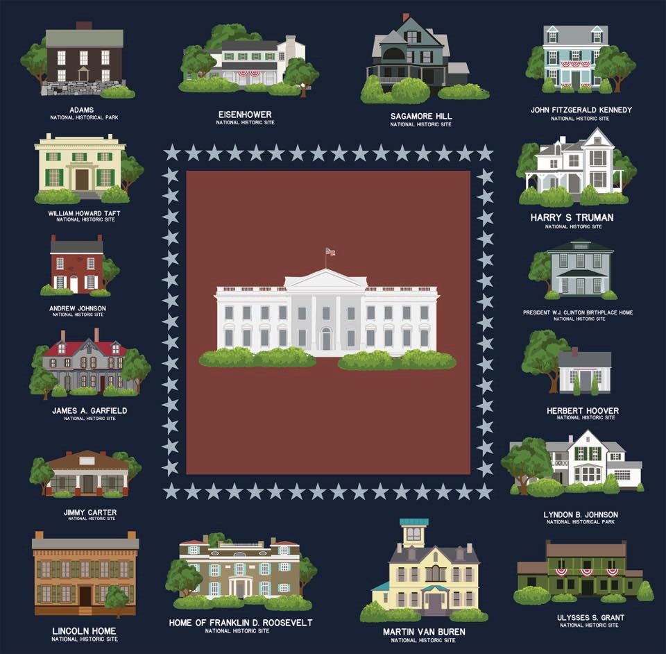 Illustrated quilt of presidents' homes