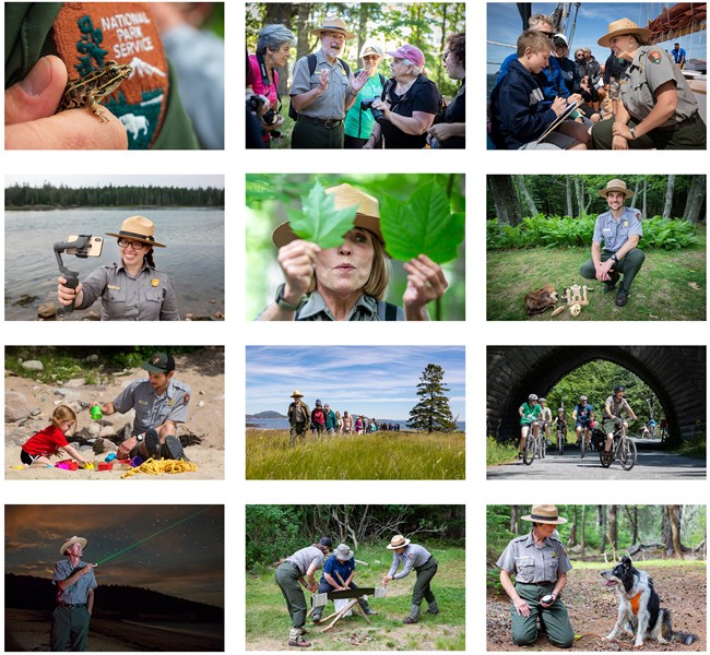 Grid of nine photos of different activities with rangers wearing NPS uniforms and flat hats
