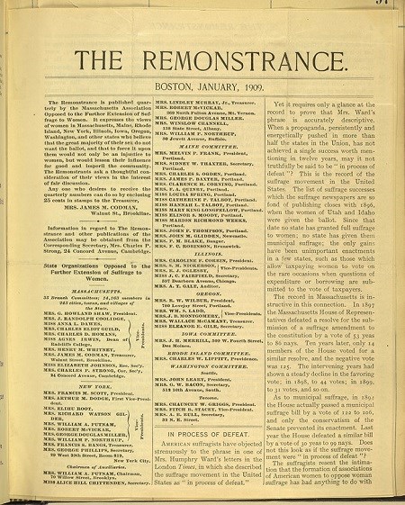 Front page of a 1909 edition of the Remonstrance