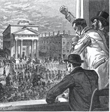 Men sitting and standing staring outside the window watching people marching down the streets in front of the court house.
