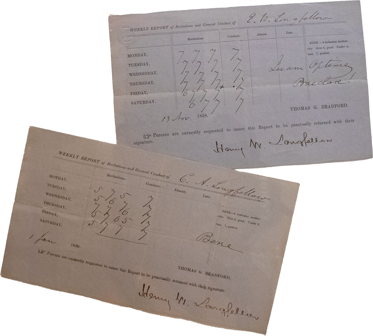 Two weekly report cards annotating the learning progress of Charley and Erny