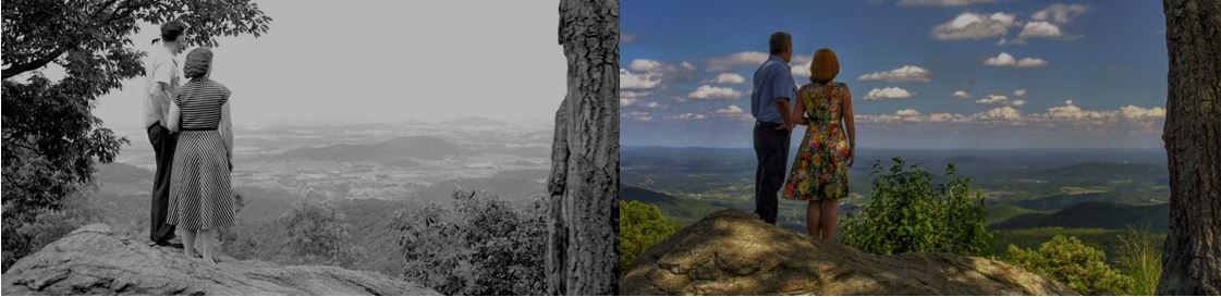 A black and white photo of a couple on a mountain overlook next to a modern photo reproduction