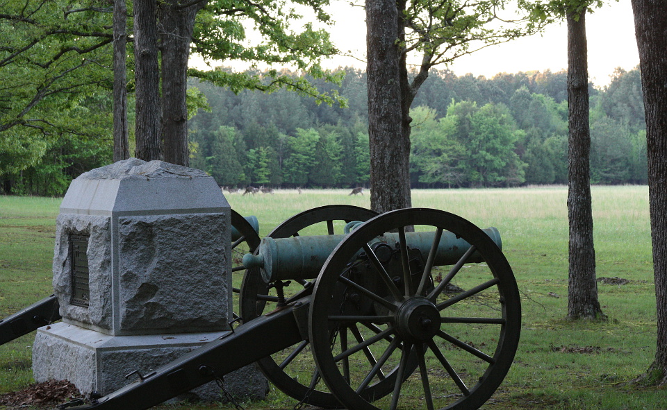 Canon and monument in grassy battlefield