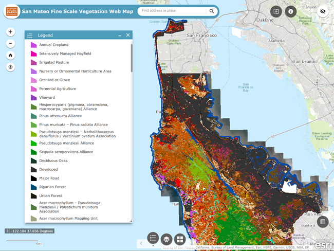 A multi-colored map of the Bay Area in San Francisco. Each color represents a different vegetation type, making the map very colorful to represent the diverse flora.
