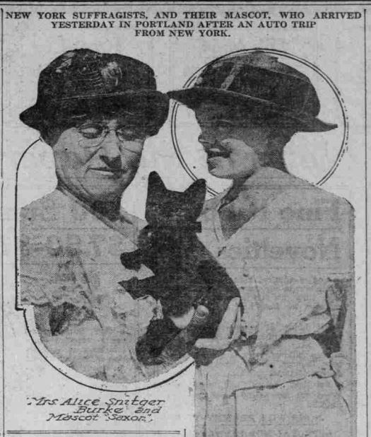 Image from newspaper article c.1916 of suffragists Alice Burke and Nell Richardson with Saxon the black cat.